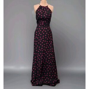 Hailey Adrianna Papell Gown Womens Size 2 Navy Blue Pink Polkadot Halter‎ Neck